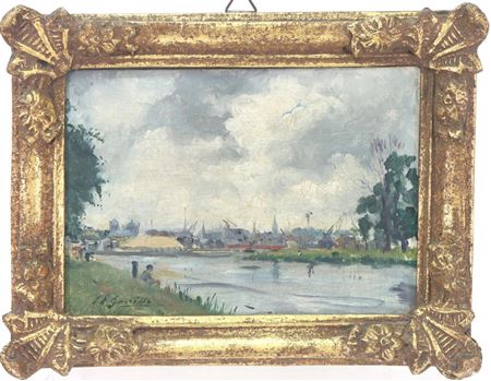 Hazy landscape with a man sitting by the waters edge