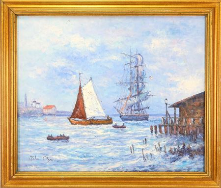 Harbor scene with a small sailboat, a large masted ship and a village in the distance