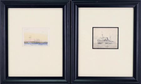 Docked Masted Sailing Ships; Drawing of a Steamer Ship (2)