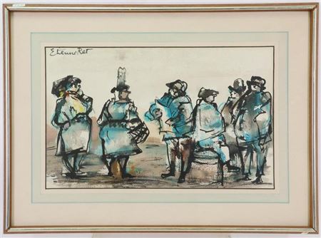 Figural scene with a few gentleman milling about