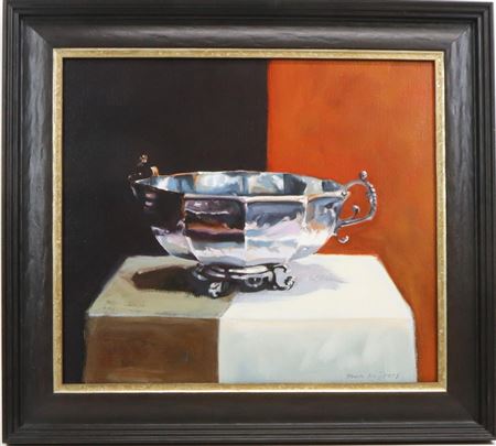 Tabletop still life of silver footed bowl