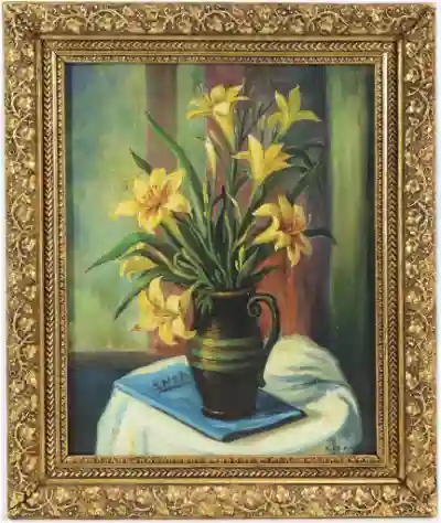 Table top sill life of tiger lilies in a stoneware pitcher