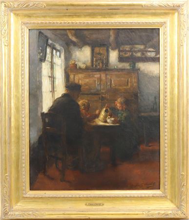 Interior vignette of a young children and their father at the breakfast table