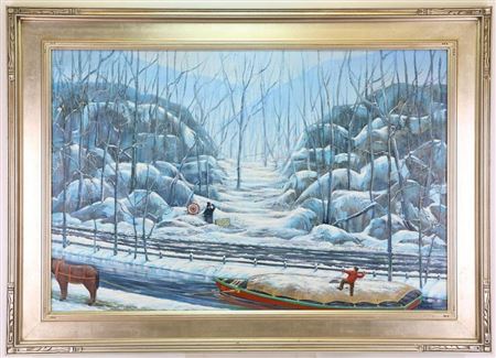 Pennsylvania canal scene in winter with a man aiming at a novelty target