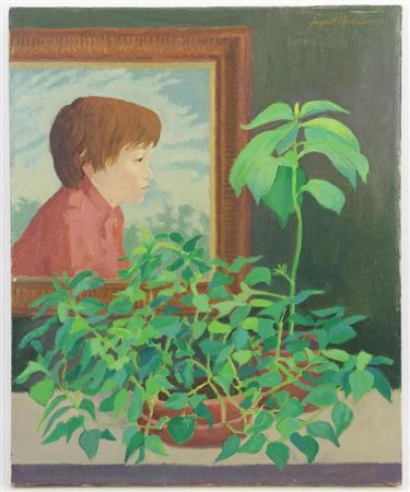 Still life of a houseplant with portrait of a boy