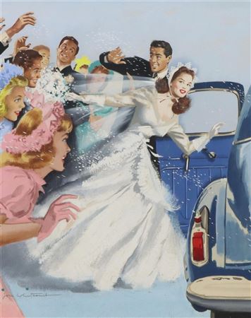 Illustrative style Bride and Groom running toward the get-away-car