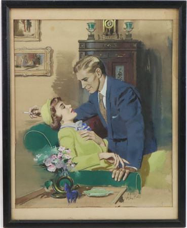 Illustrator style interior scene of an amorous couple