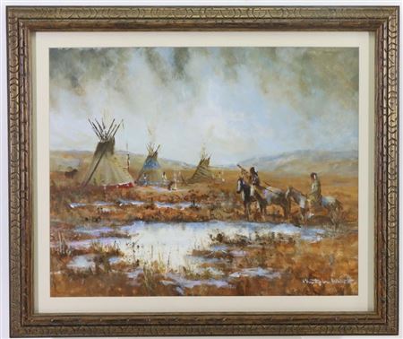Native American encampment with teepees, rising smoke, and two figures on horseback against a vast, moody landscape