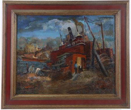 Industrial scene with a tugboat and sailors