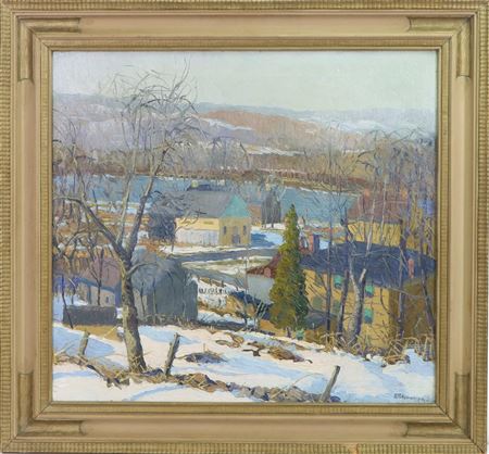 Snowy Winter Landscape Overlooking the Delaware by Alfred Nunamaker - Auction record, sale price, and art valuation. Compare with similar artists and explore comparable artworks.