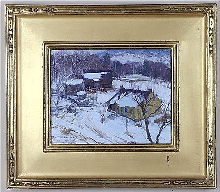 "Upland Farm", with figure and cows in barnyard