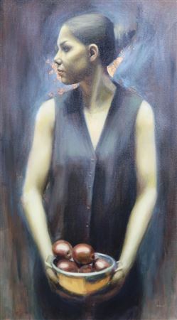 Girl with bowl of apples