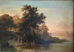 Landscape with a view of a river, a path leading up to the castle, trees and figurative staffage