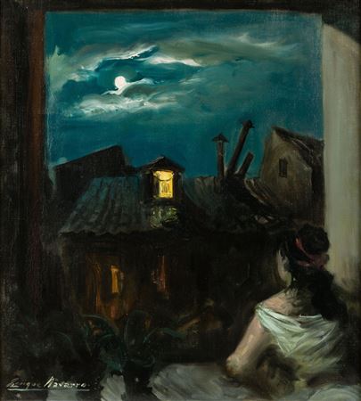 "Young woman on the balcony at night"
