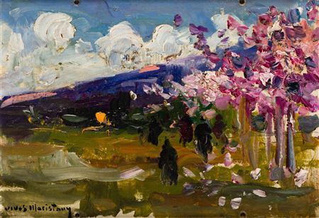 "Landscape with characters and almond blossoms"