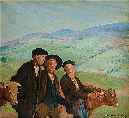 "Cantabrian peasants with oxen in landscape"