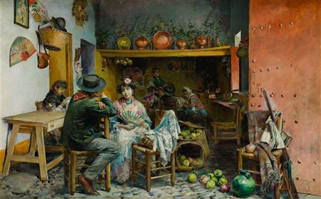 Interior of an inn with characters