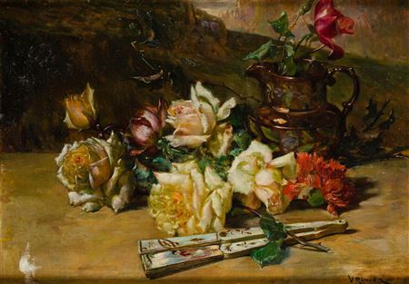 Still life with flowers, pitcher and fan