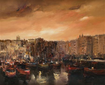 City with port by Carlos Puente - Auction record, sale price, and art valuation. Compare with similar artists and explore comparable artworks.