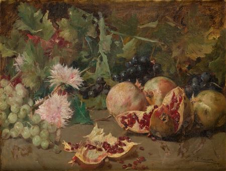 "Autumn still life with pomegranates and grapes"