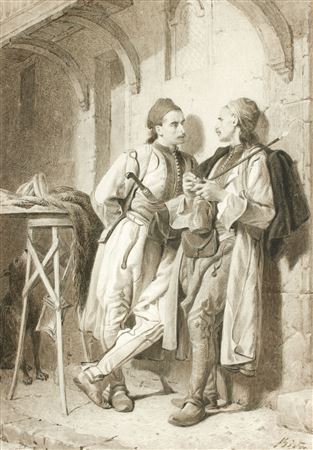 Two oriental men conversing under a porch