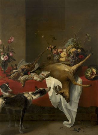 Game, fruit basket and vase of flowers on a table, near which stand two dogs