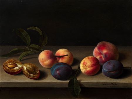 Still life with fruits, peaches, apricots and plums, one of which is open, placed on a wooden table
