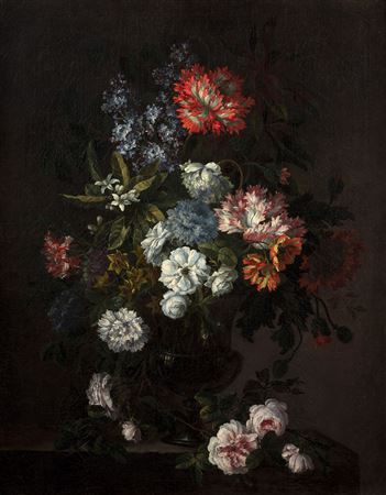 Vases of flowers on stone entablatures (2)