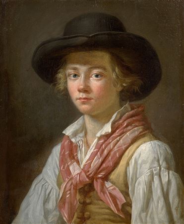 Portrait of a man with a black hat and Portrait of a woman with a white kerchief and pink ribbon