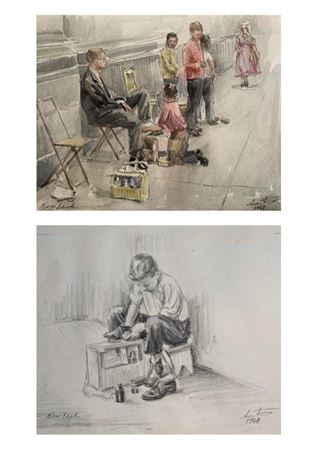 Lot of 2 drawings ; Street shoe shine boys in New York