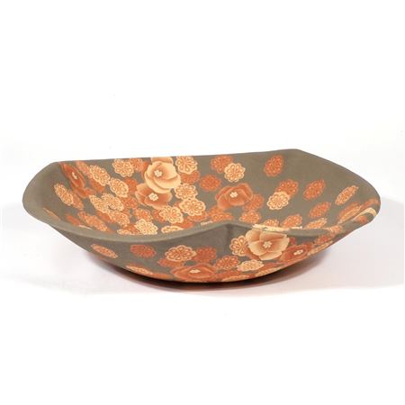 Low-form bowl, textured ceramic overall decorated with flowers