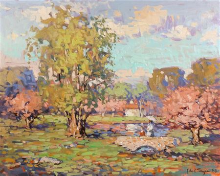 Park scene with cherry blossoms