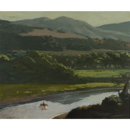 Crossing River on Horseback Landscape
