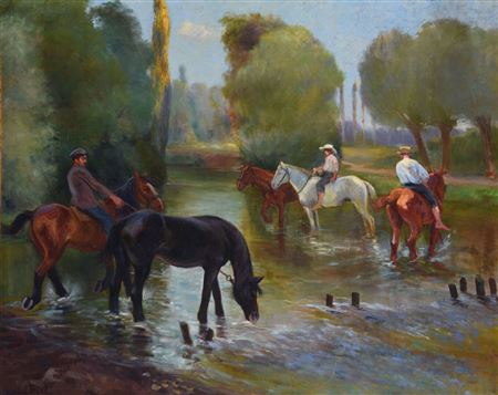 Riders crossing a river