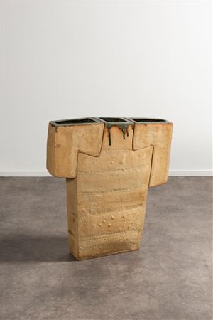 Grand vase en trois parties en céramique à bords vernissés verts Années 1970