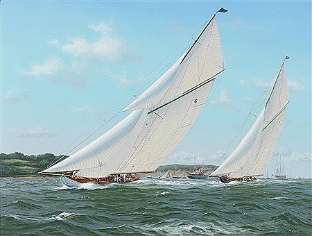 'Lulworth and Britannia racing off Cowes' with Lulworth in the lead as they approach the finishing line