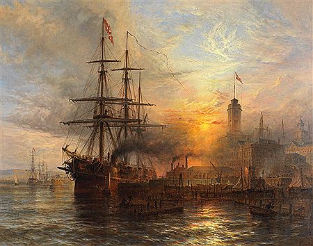 A Danish steamer moored alongside a busy dock in Portsmouth