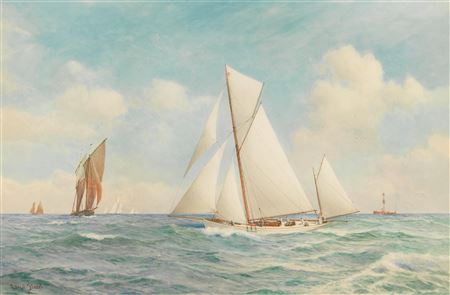 Racing yachts off the Nab lightship by Ernest Stuart - Auction record, sale price, and art valuation. Compare with similar artists and explore comparable artworks.