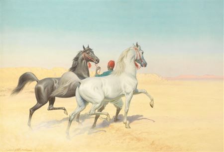 Arabian horses in the desert; Arab stallions at sunset. (2) by Harrington Bird - Auction record, sale price, and art valuation. Compare with similar artists and explore comparable artworks.