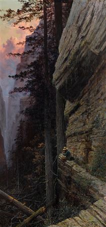 Figure on a Rock Ledge with an Expansive Landscape Beyond