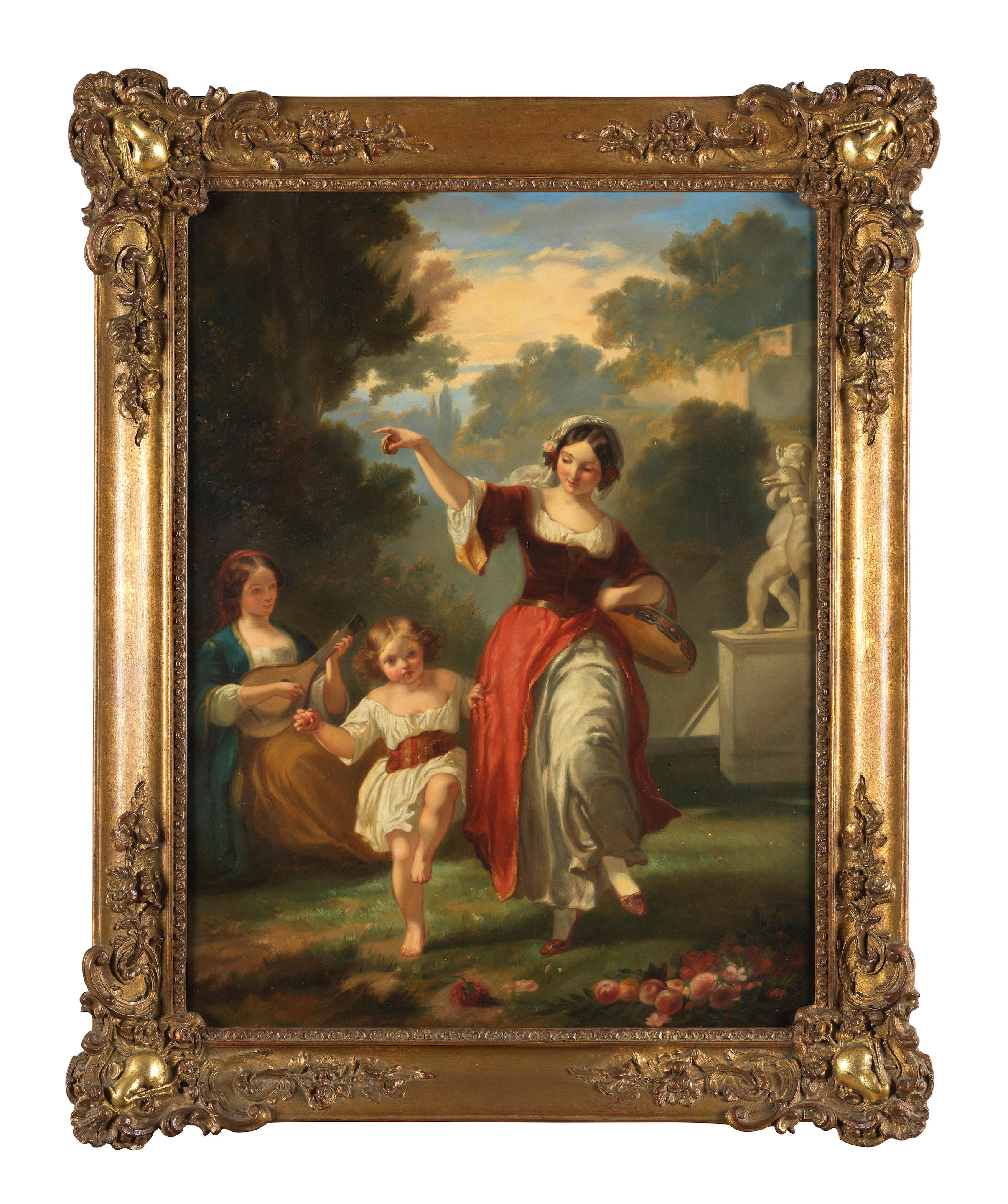 The young woman and children dancing in park