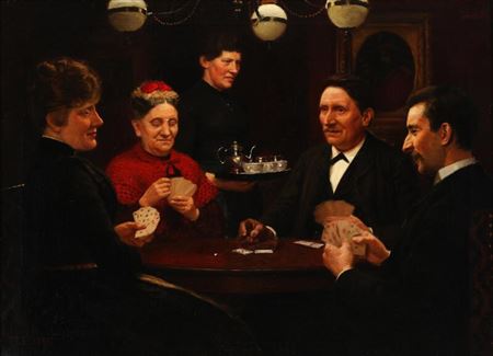 Interior with four card players around the table