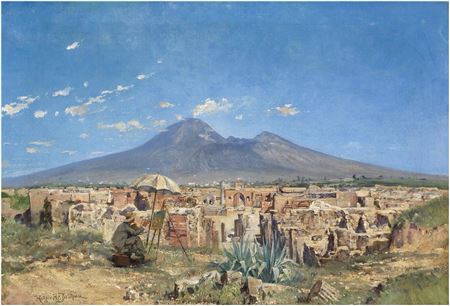View of Pompeii towards Mount Vesuvius with an artist by the easel in the foreground by Holger Hvitfeldt Jerichau - Auction record, sale price, and art valuation. Compare with similar artists and explore comparable artworks.