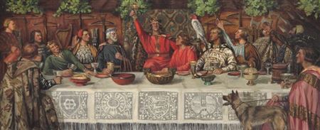 “Kong Valdemar Sejr ved Jagtmåltidet på Lyø”. Valdemar II of Denmark (1170–1241) at the hunting dinner at Lyø. Study
