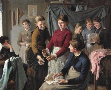 “Fra en Systue”. Interior from a sewing room with dressmakers having a lunch break