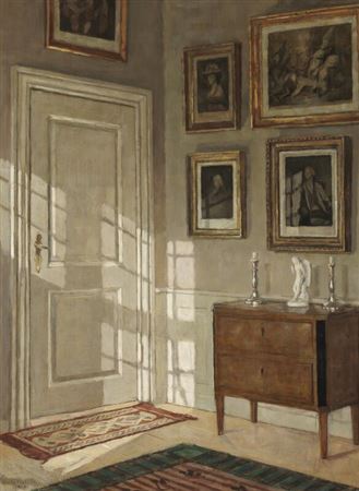 Interior with engravings on the walls, Thorvaldsen's figure “Cupid Triumphant, Examining His Arrow” on the chest of drawers, and sunlight on the door. by Niels Holsoe - Auction record, sale price, and art valuation. Compare with similar artists and explore comparable artworks.