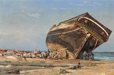 “Et stort skib under kalfatring ved Frederikshavn”. A large ship under caulking at Frederikshavn