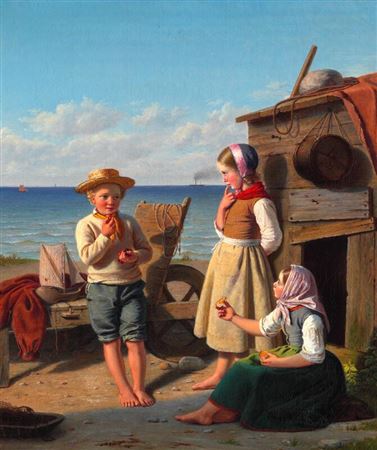“Fiskerbørn i Begreb med at slutte en Tuskhandel”. Fishermen's children making a barter