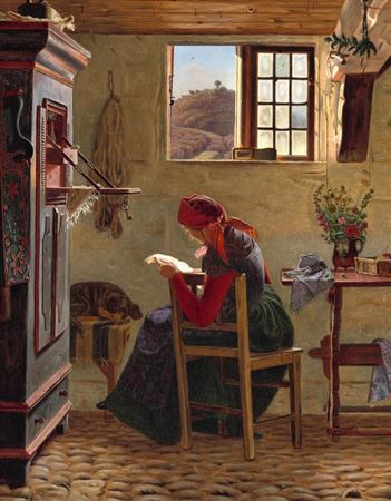Peasant interior with a young girl reading a letter by the window