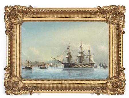 “Det franske Skruelinieskib Napoleon paa Rheden af Beikos i Bosperus”. The French naval vessel “Napoleon” off Beikos in the Bosperus